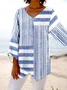 V Neck Cotton Striped Elegant Blouse