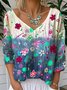 Loose V Neck Floral Casual T-Shirt