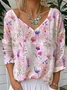 Botanical Pattern V Neck Casual T-Shirt
