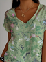 Jersey Casual V Neck Botanical Pattern T-Shirt