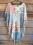 Women's Vintage Floral Patchwork Art Print Batwing Tassel Fringed Poncho Shirt