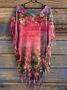 Women's Floral Pattern Art Print Batwing Tassel Fringe Cape Shirt