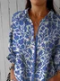 Vintage Hand Painted Floral Art Print Casual Linen V Neck Shirt