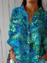 Vintage Hand Painted Floral Art Print Casual Linen V Neck Shirt