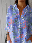 Vintage Hand Painted Floral Art Print Casual Linen V Neck Shirt