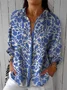 Vintage Hand Painted Floral Art Print Casual Linen V Neck Shirt
