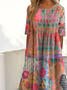 Vintage Floral Heart Print Round Neck Pocket Midi Dress