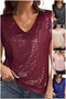 Women's Short Sleeve Sequins T-shirt Summer Wine Red Plain V Neck Party Going Out Casual Top