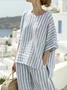 Linen Crew Neck Casual Striped Two-Piece Set