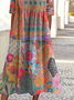 Vintage Floral Heart Print Round Neck Pocket Midi Dress