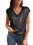 Women's Short Sleeve Sequins T-shirt Summer Wine Red Plain V Neck Party Going Out Casual Top