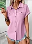 Women's Short Sleeve T-shirt Summer Blue Plain Shawl Collar Daily Going Out Casual Top