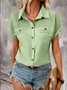 Women's Short Sleeve T-shirt Summer Blue Plain Shawl Collar Daily Going Out Casual Top