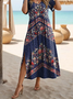 Women's Artistic Floral Print Slit Long Dress