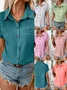 Women's Short Sleeve T-shirt Summer Blue Plain Shawl Collar Daily Going Out Casual Top