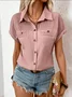Women's Short Sleeve T-shirt Summer Blue Plain Shawl Collar Daily Going Out Casual Top
