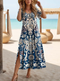 Women's Artistic Floral Print Slit Long Dress