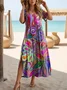 Women's Artistic Floral Print Slit Long Dress
