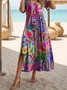 Women's Artistic Floral Print Slit Long Dress