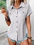 Women's Short Sleeve T-shirt Summer Blue Plain Shawl Collar Daily Going Out Casual Top