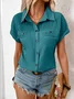 Women's Short Sleeve T-shirt Summer Blue Plain Shawl Collar Daily Going Out Casual Top