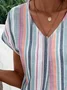 Women's Striped Print Casual V-Neck Short Sleeve T-Shirt