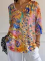 Casual Loose V Neck Color Block T-Shirt