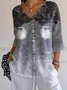 Faux Denim Print Graphic V Neck Casual Loose T-Shirt