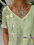 Crew Neck Linen Blend Gradient Pattern Casual Blouse