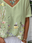 Crew Neck Linen Blend Gradient Pattern Casual Blouse