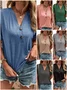 Women's Short Sleeve T-shirt Summer Blue Plain Cotton V Neck Daily Going Out Casual Top