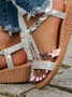 Women Rhinestone Floral Print Braided Ankle Strap Wedge Sandals