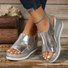 Large size hollow fish mouth gold/silver wedge heel sandals for women 2025 new platform thick bottom bright color shiny buckle sandals