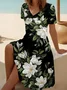 V Neck Casual Cotton Floral Dress With No