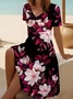 V Neck Casual Cotton Floral Dress With No
