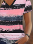 Women's Striped Print Casual V-Neck Short Sleeve T-Shirt