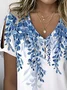 Women's Floral Print Pearl Button V-Neck Short Sleeve T-Shirt