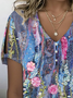 Women's Floral Print Pearl Button V-Neck Short Sleeve T-Shirt