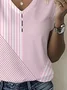 Women's Stripe Print Pearl Button V-Neck Short Sleeve T-Shirt