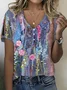 Women's Floral Print Pearl Button V-Neck Short Sleeve T-Shirt