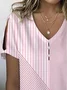 Women's Stripe Print Pearl Button V-Neck Short Sleeve T-Shirt