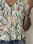 Women's Floral Print Pearl Button V-Neck Short Sleeve T-Shirt