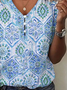 Women's Floral Print Pearl Button V-Neck Short Sleeve T-Shirt
