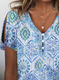 Women's Floral Print Pearl Button V-Neck Short Sleeve T-Shirt