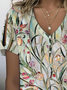 Women's Floral Print Pearl Button V-Neck Short Sleeve T-Shirt