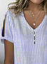 Women's Stripe Print Casual V-Neck Pearl Button T-Shirt