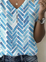 Women's Geometric Print Casual V-Neck Pearl Button T-Shirt