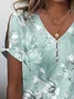 Women's Floral Print Casual V-Neck Pearl Button T-Shirt