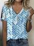 Women's Geometric Print Casual V-Neck Pearl Button T-Shirt