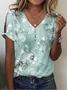 Women's Floral Print Casual V-Neck Pearl Button T-Shirt
